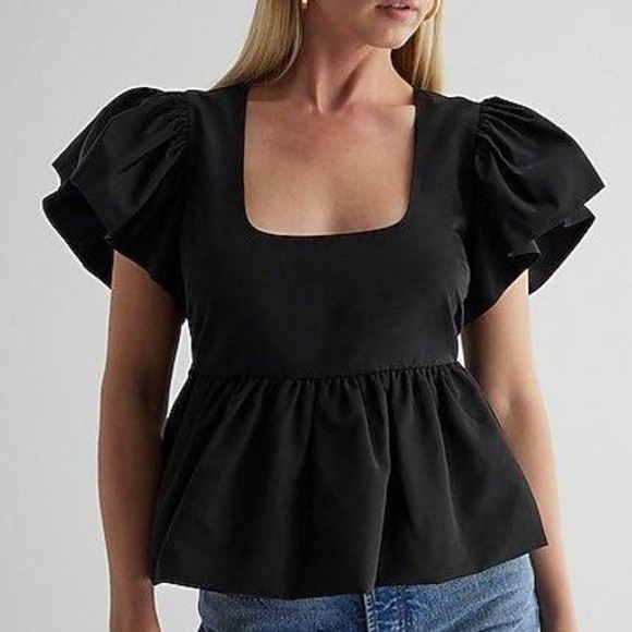 Express Tops - Express Black Square Neck Ruffle Sleeve Peplum Babydoll Top Women's XS Blouse